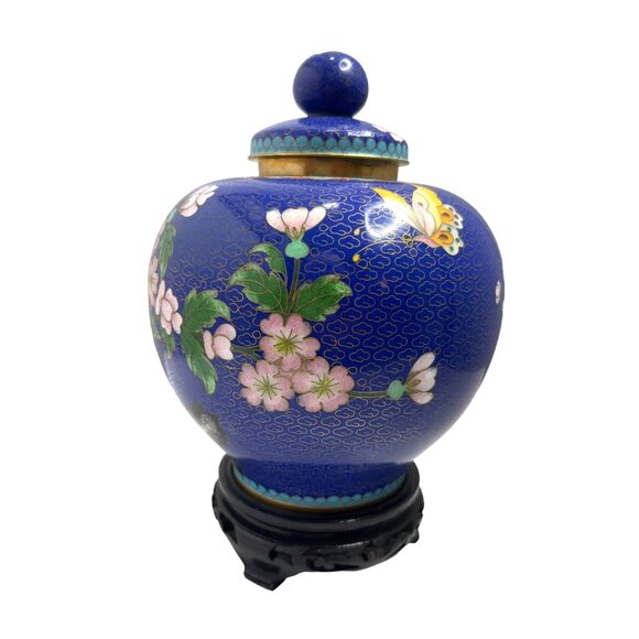 Vintage Chinese Cloisonné Ginger Jar With Lid & Wooden Stand 9" tall